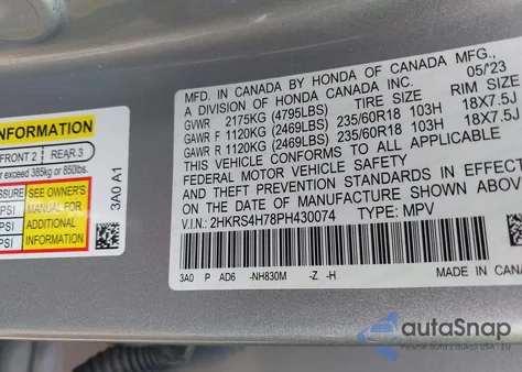 2023 Honda Cr-V Ex-L Awd z USA, uszkodzony, nr VIN 2HKRS4H78PH430074